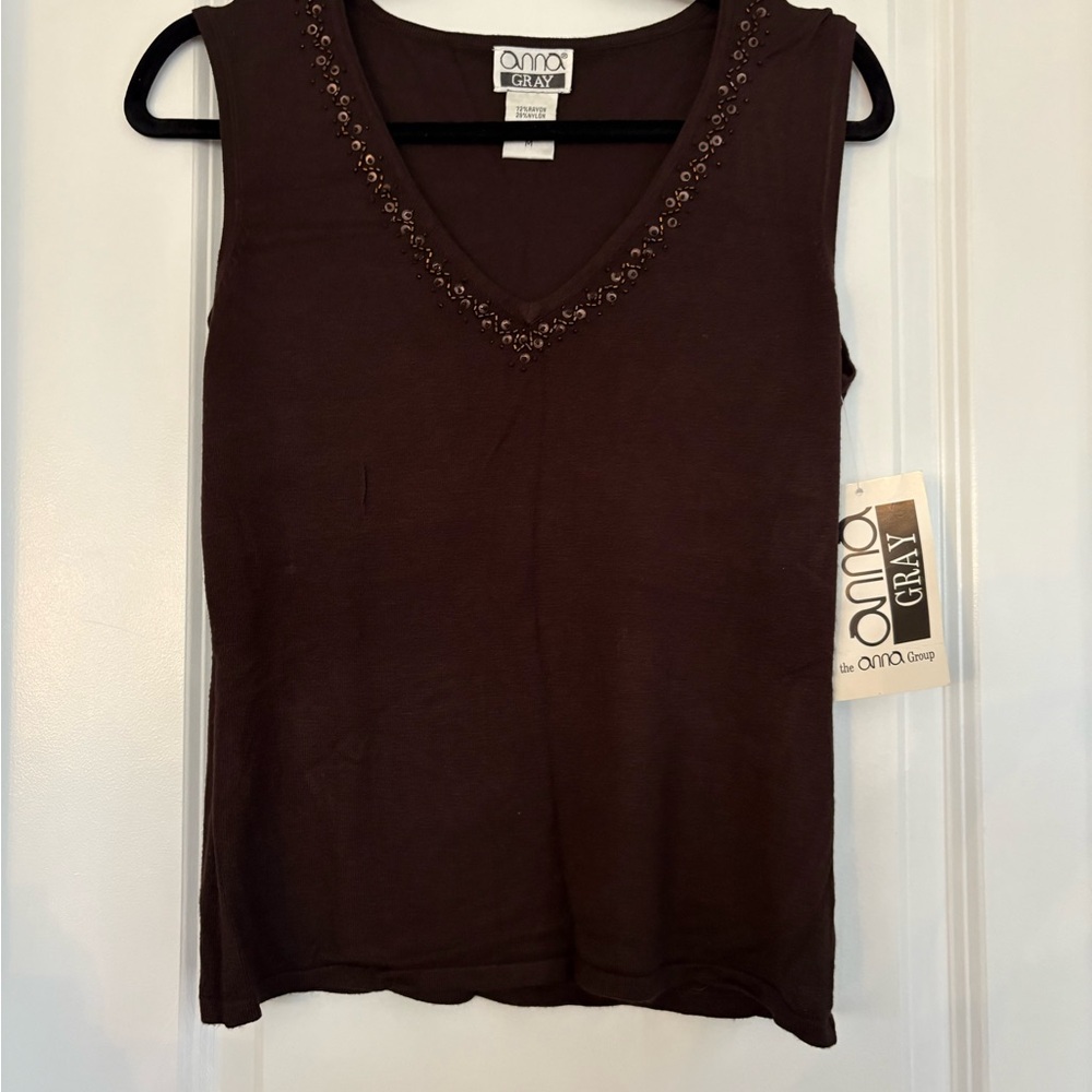 NEW Anna Gray Women Medium Beaded Knit Sleeveless Chocolate Brown Tank Top